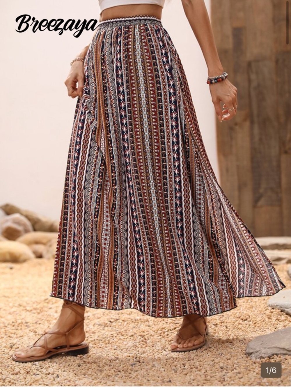 SHEIN Brown Multi Striped Boho Maxi Skirt
